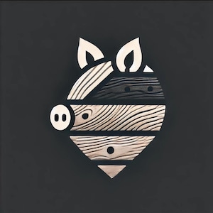 May include: A wooden pig-shaped wall art piece. The design features a circular head with two ears and a snout, and a diamond-shaped body. The pig's body is made of horizontal wooden planks in alternating colors of black and natural wood.