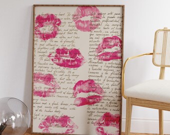 Retro Kiss Prints - Różowa sztuka ścienna retro - Sztuka miłosna w stylu vintage - Romantyczna sztuka retro - Prezenty i wystrój domu - Modny czerwony nadruk - Szminki