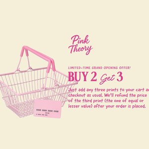 The image is an advertisement for a limited-time grand opening offer for Pink Theory. It features a pink shopping basket and a pink credit card, along with text providing details about the offer.
