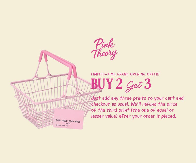 The image is an advertisement for a limited-time grand opening offer for Pink Theory. It features a pink shopping basket and a pink credit card, along with text providing details about the offer.