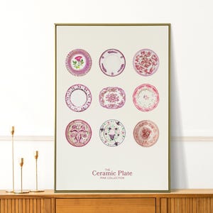 Roze keukenafdruk - retro antieke borden schilderij - moderne roze muurkunst voor barwagen en woonkamerinrichting - Perfect Home Gifts