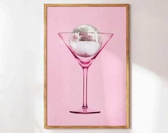 Disco Cocktail Print - Retro Kitchen Wall Art - Disco Ball Bar Cart Decor - Preppy Cocktail Wall Art - Pink Girly Gift for Kitchen Decor