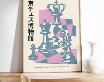Retro Chess Poster, Vintage Chess Art, Quirky Japanese Wall Art, Dopamine Wall Decor, Trendy Apartment Decor, Maximalist Exhibition Poster