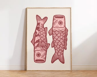 Retro Japanese Wall Art, Quirky Fish Wall Art, Japanese Exhibition Poster, Cool Minimalist Decor, Animal Art, Japandi Apartment Decor