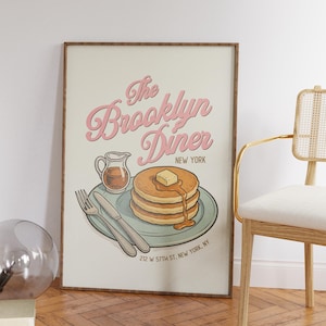 Retro Brooklyn Dinner Print, Cute Pancake Art, Breakfast Retro Kitchen Wall Art, Vintage Food Art, Colorful Apartment Decor, Dopamine Decor,