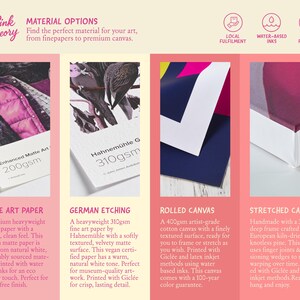 The image is a promotional material for Pink Theory, showcasing different types of art materials such as matte art paper, German etching, rolled canvas, and stretched canvas.