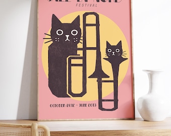 Jazz Cat Wall Art, Dopamine Music Wall Art, Retro Music Poster, Apartment Decor, Trendy Black Cat Poster, Maximalist Decor, Quirky Cat Print
