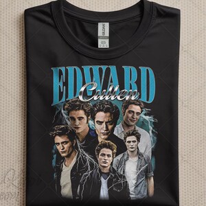 May include: Black t-shirt featuring a collage of images of Edward Cullen with the text "EDWARD Cullen" in a blue and silver design. The shirt has a crew neck and a Gildan tag.