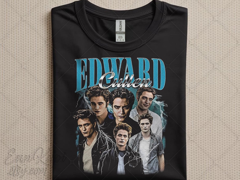 May include: Black t-shirt featuring a collage of images of Edward Cullen with the text "EDWARD Cullen" in a blue and silver design. The shirt has a crew neck and a Gildan tag.