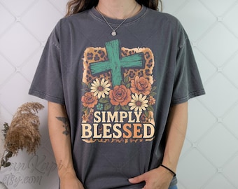 Simply Blessed Cross PNG | Leopard Print Christian Vintage Floral Art | Retro Faith Graphic | Digital Download