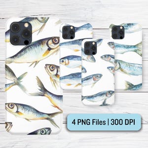 May include: Four phone cases with a white background and a watercolor pattern of silver fish. The text "4 PNG Files | 300 DPI" is at the bottom of the image.