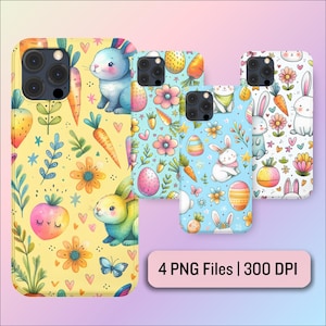 May include: Four phone cases with different Easter-themed designs. Each case features a white background with colorful illustrations of bunnies, carrots, eggs, and flowers. The text "4 PNG Files | 300 DPI" is visible at the bottom of the image.