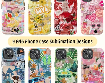May include: Nine phone case designs featuring colorful, collage-style graphics. The designs include a variety of themes, such as summer vibes, love, and girl power. Each design is printed on a white phone case with a black camera cutout.