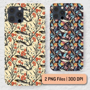 May include: Two iPhone cases with a floral and fish pattern. The case on the left has a light background with red flowers and white fish. The case on the right has a dark background with blue flowers and orange fish. Both cases have the text "2 PNG Files | 300 DPI".