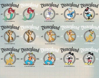Set di 17 PNG Disneyland California Est 1955, design retrò di Topolino per squadre di amici, PNG coordinati per la famiglia, viaggio a Disneyland 2025, squadra divertente