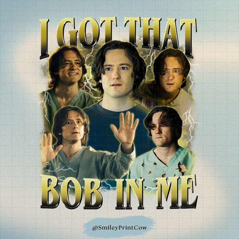 May include: A graphic design featuring multiple images of a person with long hair, with the text "I GOT THAT BOB IN ME" in a gold, vintage font. The design includes lightning bolt graphics and the @SmileyPrintCow social media handle.
