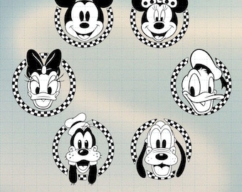 Set di 6 Topolino e i suoi amici, motivo a quadri bianco e nero, coordinati per la famiglia, per la squadra di Friends, regalo per i fan Disney, viaggio a Disneyland 2025