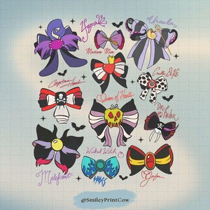 May include: A collection of colorful bow illustrations, each representing a Disney villain. The bows feature various designs, including skulls, flames, and polka dots, with names like "Maleficent" and "Ursula" written above them. Bats and stars are scattered around the bows.