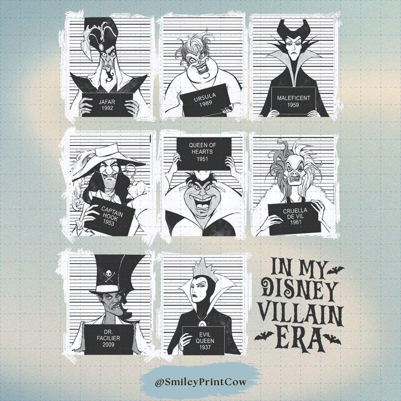 May include: A grid of nine black and white illustrations of Disney villains, each holding a sign with their name and year. The phrase "IN MY DISNEY VILLAIN ERA" is displayed with bat graphics. The @SmileyPrintCow watermark is at the bottom.