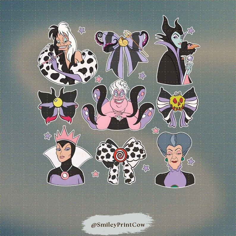 Op de afbeelding: Een verzameling cartoonafbeeldingen met Disney-schurken, waaronder Cruella de Vil, Maleficent en Ursula. De afbeeldingen zijn omgeven door stervormen en bevatten strikdesigns met verschillende patronen en kleuren.