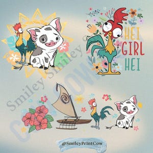 May include: A collection of cartoon illustrations featuring characters from a popular animated film. The images include a pig, a rooster, a sailboat, and floral elements. The text "HEI GIRL HEI" is also included in one of the illustrations.