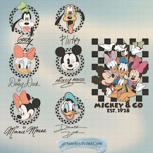 May include: A light blue graphic featuring Disney characters Goofy, Pluto, Daisy Duck, Mickey Mouse, Minnie Mouse, and Donald Duck, each in a checkered circle. The image also includes a group of characters and the text "Mickey & Co. EST. 1928."