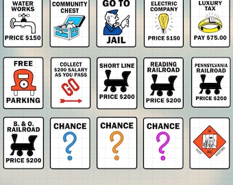 Set di 15 PNG con motivazione Monopoly su sfondo bianco, icone di giochi da tavolo, simboli Monopoly, per la squadra di amici, costumi di Halloween