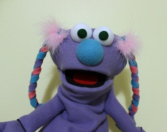 Purple Hand Puppet with Braided Pigtails