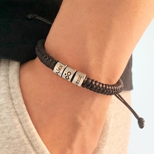 Personalized Mens Woven Leather Bracelet, Custom Name Beaded Bracelet, Adjustable Bracelet, Christmas Father&#39;s Day Gift for Him