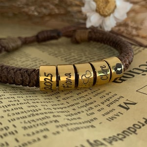 Personalized Woven Leather Bracelet, Custom Name Beaded Bracelet, Adjustable Bracelet, Christmas Father&#39;s Day Gift for Him