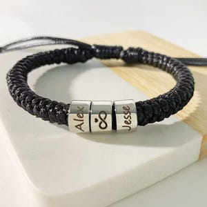 Personalized Mens Woven Leather Bracelet, Custom Name Beaded Bracelet, Adjustable Bracelet, Christmas Father&#39;s Day Gift for Him