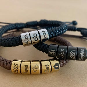 Personalized Woven Leather Bracelet, Custom Name Beaded Bracelet, Adjustable Bracelet, Christmas Father&#39;s Day Gift for Him