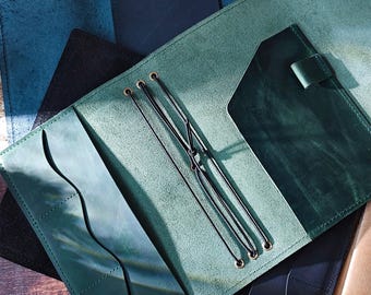 Könnte beinhalten: Offenes Lederjournal in Türkis- und Dunkelgrüntönen. Das Journal hat eine Tasche und einen elastischen Verschluss. Der Innenraum verfügt über Taschen und elastische Kordeln. Das Leder hat ein strukturiertes Aussehen.