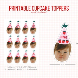 May include: Printable cupcake toppers featuring a cute baby wearing a pink and red strawberry hat with the word "ONE" on it. The toppers are 3.4 inches tall and 1.6 inches wide. The set includes 12 toppers in both high-resolution PDF and PNG formats.