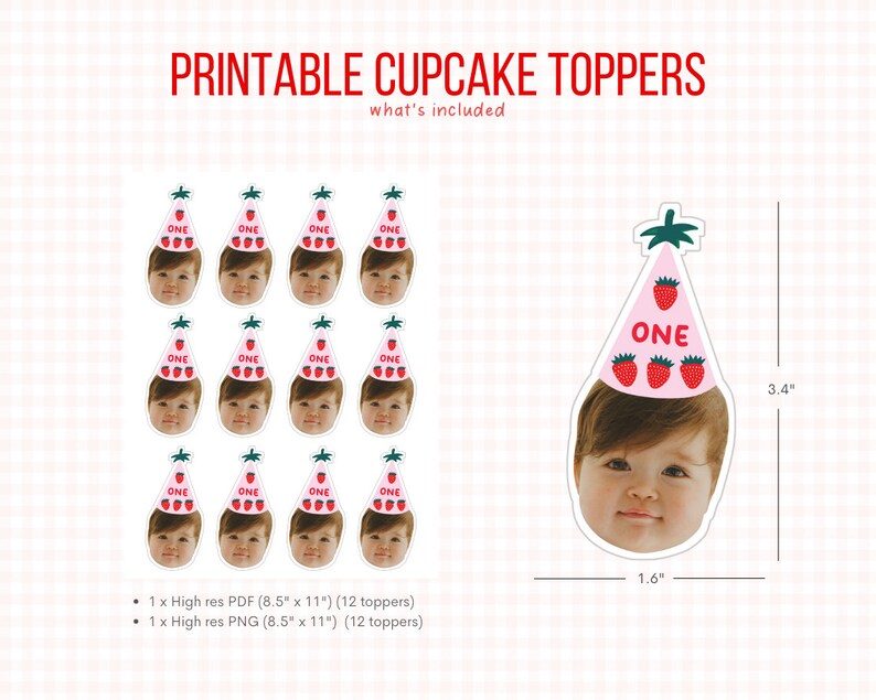 May include: Printable cupcake toppers featuring a cute baby wearing a pink and red strawberry hat with the word "ONE" on it. The toppers are 3.4 inches tall and 1.6 inches wide. The set includes 12 toppers in both high-resolution PDF and PNG formats.