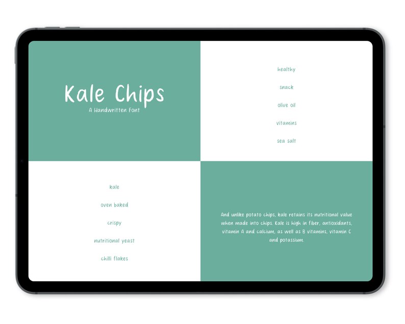 May include: A digital illustration of a handwritten font called "Kale Chips". The font is displayed on a green background with a list of ingredients and nutritional information about kale chips.
