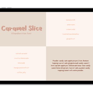 May include: A digital illustration of the font "Caramel Slice" in a peachy-pink color. The font is displayed in a handwritten style. The image also includes a list of words written in the same font, including "banana milk", "americano", "cream soda", "toasted marshmallow", "grapefruit", "salted caramel", "ricotta cheesecake", "lemonade", "mango passionfruit", "coffee jelly", "Powder candy cake apple pie pie I love. Bonbon topping carrot cake gingerbread candy canes I love cupcake apple pie. Cheesecake bear claw candy canes lemon drops pie. Carrot cake jujubes candy topping sweet roll cookie powder."