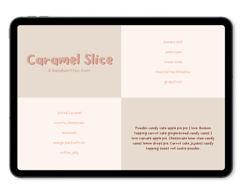 May include: A digital illustration of the font "Caramel Slice" in a peachy-pink color. The font is displayed in a handwritten style. The image also includes a list of words written in the same font, including "banana milk", "americano", "cream soda", "toasted marshmallow", "grapefruit", "salted caramel", "ricotta cheesecake", "lemonade", "mango passionfruit", "coffee jelly", "Powder candy cake apple pie pie I love. Bonbon topping carrot cake gingerbread candy canes I love cupcake apple pie. Cheesecake bear claw candy canes lemon drops pie. Carrot cake jujubes candy topping sweet roll cookie powder."