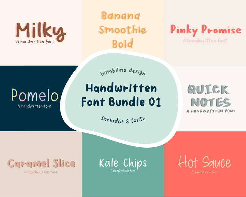 May include: A collection of eight handwritten fonts, including Milky, Pomelo, Banana Smoothie Bold, Pinky Promise, Quick Notes, Caramel Slice, Kale Chips, and Hot Sauce. The fonts are displayed in a colorful grid with a light blue circle in the center that says "Handwritten Font Bundle 01" and "Includes 8 fonts".