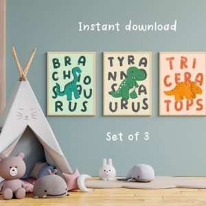 Impresiones imprimibles descargables de dinosaurios, pinturas dibujadas a mano, lindos carteles educativos de aprendizaje para niños, arte de pared, juego de 3