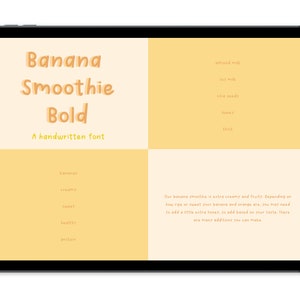 May include: A digital illustration of a handwritten font called "Banana Smoothie Bold". The font is displayed in a yellow and orange color scheme. The text "Banana Smoothie Bold" is displayed in a large font size. The text "A handwritten font" is displayed in a smaller font size. The illustration is displayed on a tablet screen.