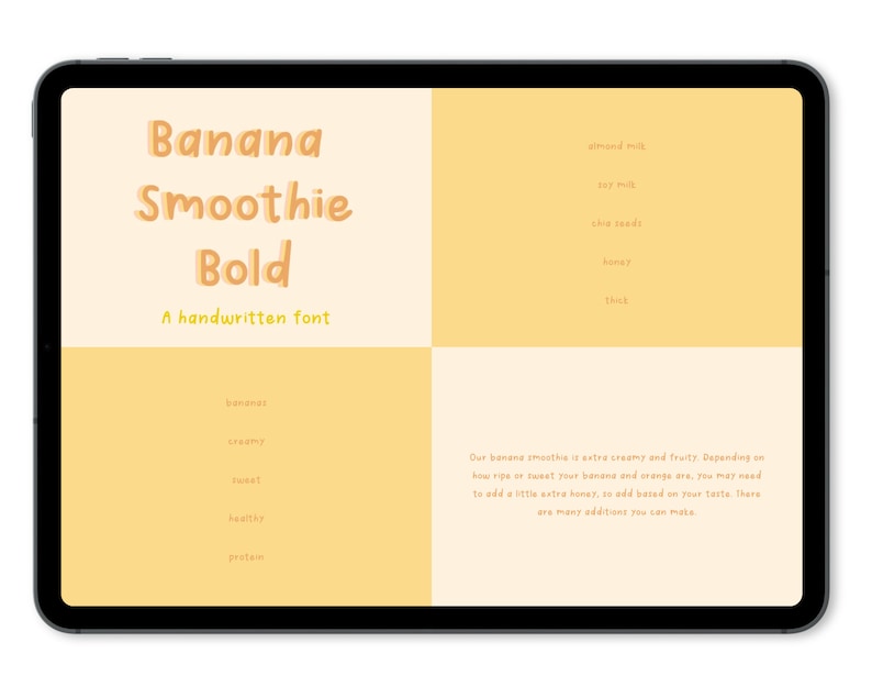 May include: A digital illustration of a handwritten font called "Banana Smoothie Bold". The font is displayed in a yellow and orange color scheme. The text "Banana Smoothie Bold" is displayed in a large font size. The text "A handwritten font" is displayed in a smaller font size. The illustration is displayed on a tablet screen.