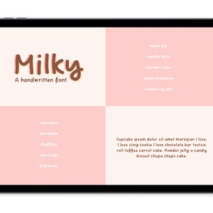 May include: A digital illustration of a handwritten font called "Milky" in brown and yellow on a cream background. The image also includes a list of words in a pink and cream color scheme, including "cupcakes", "marzipan", "muffins", "shortcake", "macarons", "apple pie", "vanilla latte", "caramel slice", "apple cinnamon", and "raspberry jam".
