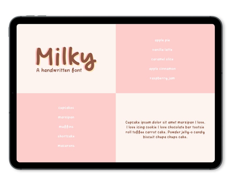 May include: A digital illustration of a handwritten font called "Milky" in brown and yellow on a cream background. The image also includes a list of words in a pink and cream color scheme, including "cupcakes", "marzipan", "muffins", "shortcake", "macarons", "apple pie", "vanilla latte", "caramel slice", "apple cinnamon", and "raspberry jam".