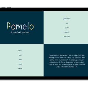 May include: A digital illustration of the word "Pomelo" in a colorful handwritten font. The word is displayed on a dark blue background. The text "A handwritten font" is below the word Pomelo. The image also includes a list of citrus fruits, including grapefruit, lime, yuzu, orange, and mandarin. The text "The pomelo is the largest type of citrus fruit that belongs to the Rutaceae family. The pomelo is also called Chinese grapefruit, shaddock, pulemo, or pompelmous. In China, the pomelo is seen to be a fruit of good luck. Pomelos grow on trees that can grow between 15-50 feet tall." is displayed on a light blue background.