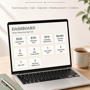 May include: A digital Estate Executor Organizer displayed on a laptop screen, featuring a dashboard with financial tracking boxes for total personally paid, reimbursed amounts, outstanding reimbursements, total estate expenses, and various open tasks.