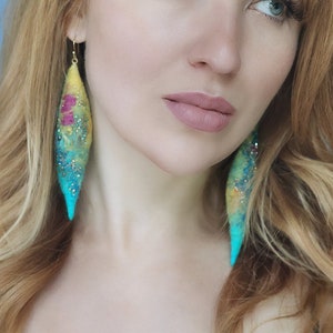 Felted watercolor earrings with sari silk, felt earrings, wool earrings, silk and wool earrings, colorful earrings, tropical earrings, OOAK