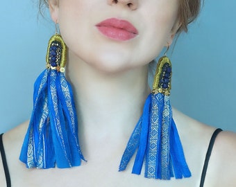 Boho upcycled sari silk embroidered tassel earrings, long bohemian earrings, spring summer handmade earrings, earrings dangle