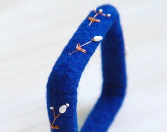 Empress blue felted bangle bracelet, embroidered bracelet, handmade bracelet, felted bracelet, wool bracelet, boho bracelet, gift bracelet