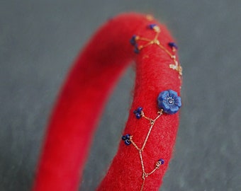 Ruby red floral felted bangle bracelet with Czech glass flowers, bohemian wearable art, felt bangle bracelet, red and blue fiber bracelet